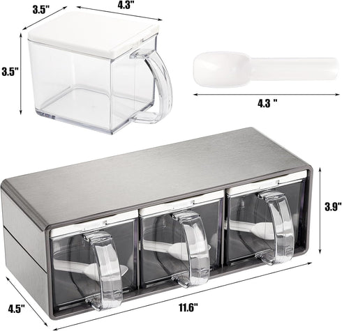 3 ZENFUN Grids Seasoning Organizer Box, Stainless Steel Salt Container with Lid and Spoon, Seasoning Containers