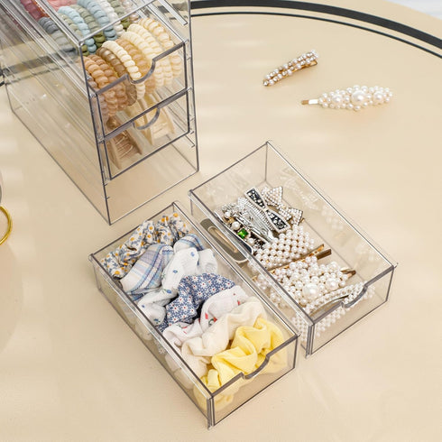 FABROK Clear Hair Accessory Organizer Box - 4 Drawer Compact Storage Set for Cosmetics, Glasses, Stationery, Stackable