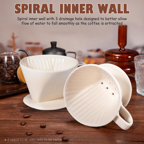 Ceramic Pour Over Coffee Dripper, Easy Manual Brew Maker - 3 Holes Flat Bottom Porcelain Slow Filter Cone for Home