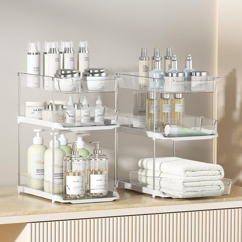Delamu 2 Sets of 3-Tier Bathroom Under Sink Organizers, Stackable Pantry Storage, Clear Kitchen Cabinet Organizer