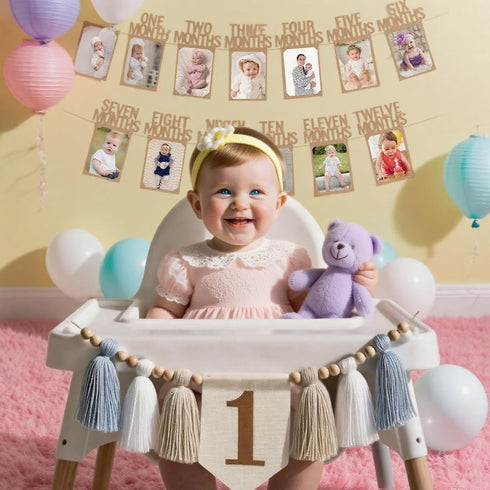 1st Baby First Birthday Party Decorations First Highchair Banner For Baby Boys Blue High Chair Banner Crown Cake Topper