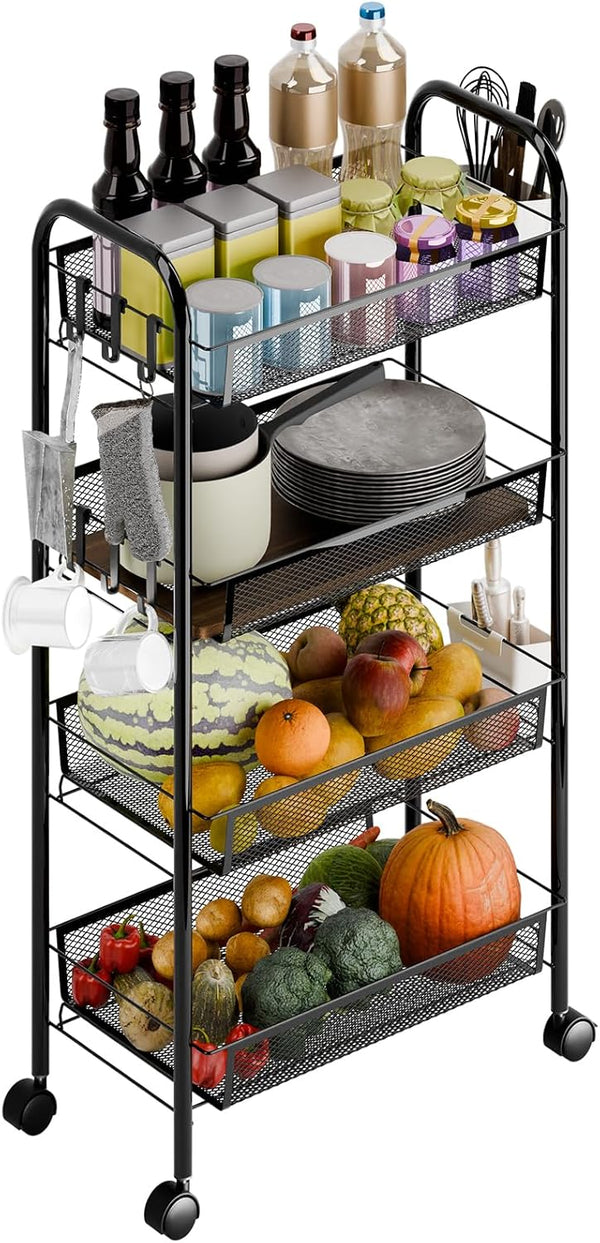 Snack Cart with Wheels Fruit Vegetable Basket Storage Cart 4 Tier Stackable