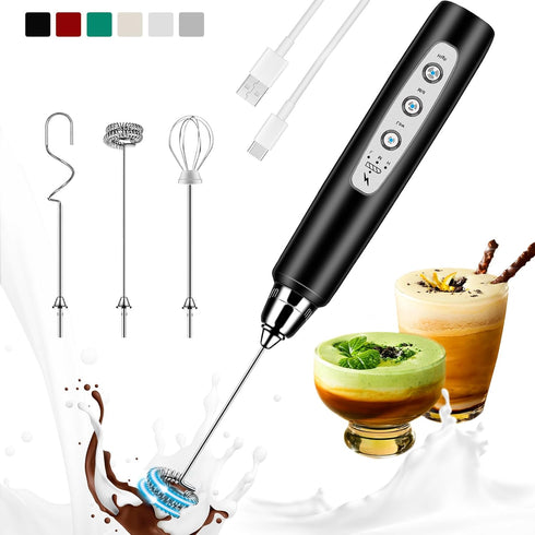 Milk Frother Handheld Rechargeable, Electric Whisk for Coffee, Detachable with 3 Stainless Whisks, Black