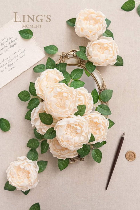 Ling's Moment Flowers - 16pcs Cream Blooming Peonies Artificial Flowers with Stem for DIY Wedding Decorations,