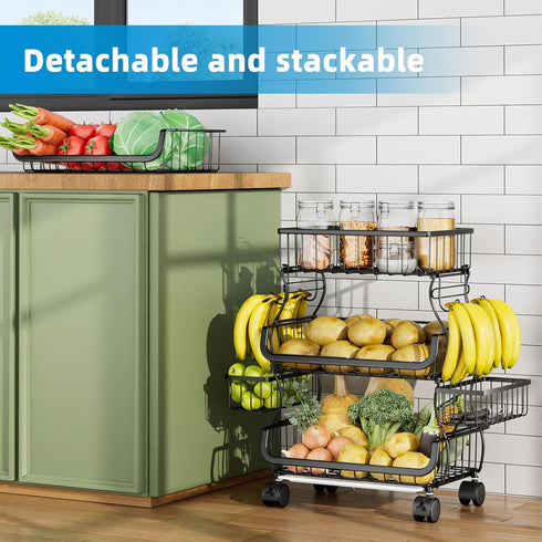 Simple Trending 4 Tier Rolling Cart, Stackable Kitchen Storage Metal Wire Basket Stand with Wheels and 2 Hanging Baskets