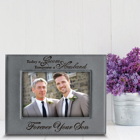 BELLA BUSTA Engraved Leather Picture Frame - Today a GROOM, Tomorrow a HUSBAND, Wedding Gift for Mom and Dad