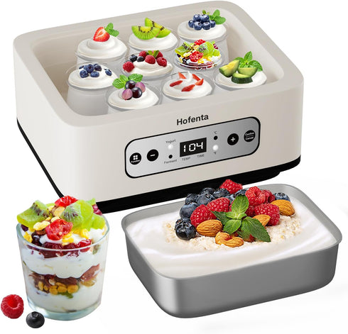 Hofenta 1.7 Quart Yogurt Maker with Stainless Steel Bowl, 9 Glass Jars, Digital