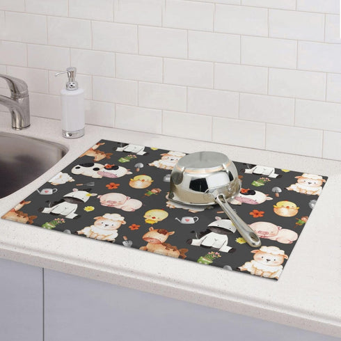 Farm Animal Dish Drying Mat for Kitchen Counter, Cute Microfiber Absorbent Reversible Drainer Rack Pad, 18 x 24 Inch