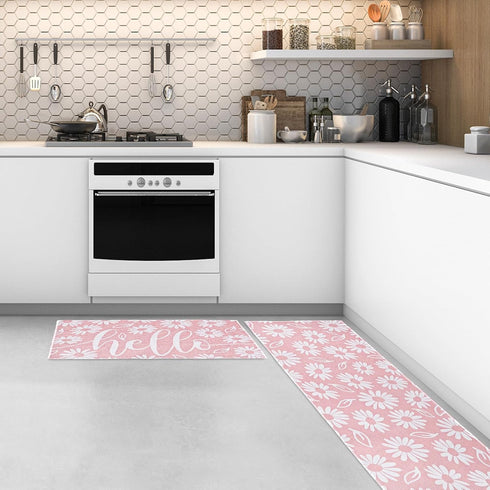 Spring Kitchen Rugs Set of 2 Daisy Flower Door Mat Pink White Floral Non Slip Floor Rugs for Home Kitchen Room Decor Supplies by JarThenaAMCS