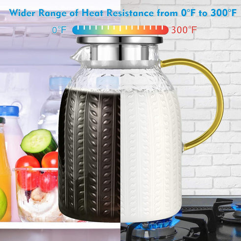 60oz Aofmee Glass Pitcher, Water Pitcher with Lid, Iced Juice Jugs for Fridge, Glass Carafe for Cold or Hot Beverages
