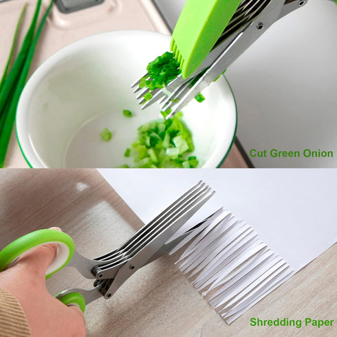 Multipurpose Sharp Kitchen Herb Cutter Shears - Herb Scissors with 5 Stainless Steel Blades, Safety Cover, Cleaning Comb