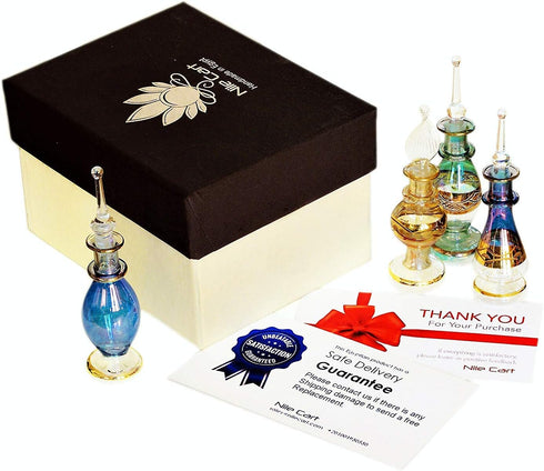 NileCart 6 Pack Egyptian Perfume Bottles - 2” Hand Blown with Handmade Golden Decoration for Oils & Essential Oils