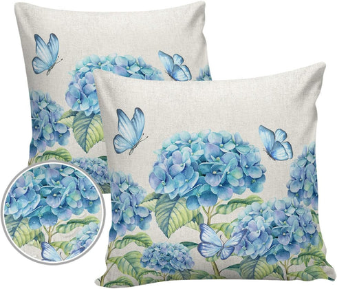 Farm Outdoor Pillow Covers Set of 2, Blue Hydrangea Flower Butterfly Decorative Waterproof Throw Pillow Case,