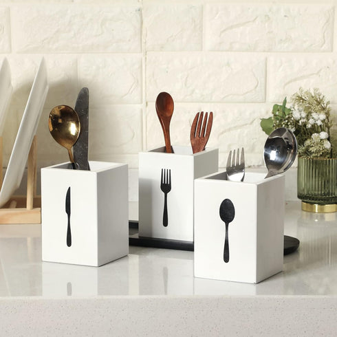 Kathfly 4 Pcs Silverware Caddy Utensil Holder for Countertop Silverware Organizer with Wood Tray Spoon Fork Holder for Kitchen Parties(White)