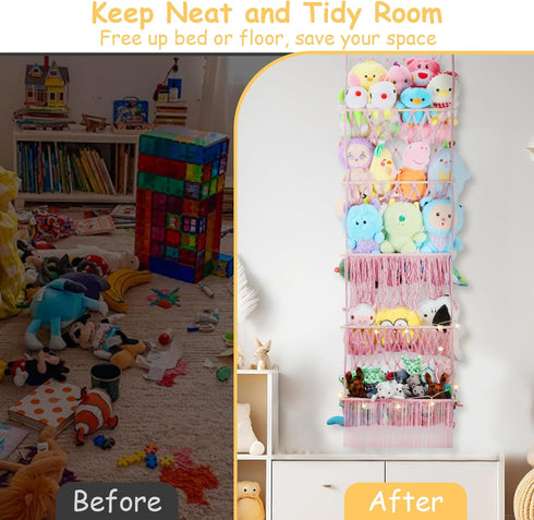 5 17x61 Inch Tier Stuffed Animal Storage Shelf Net, Large Plushie Net w/LED Light & Clips for Mini Medium Stuffy Teddy
