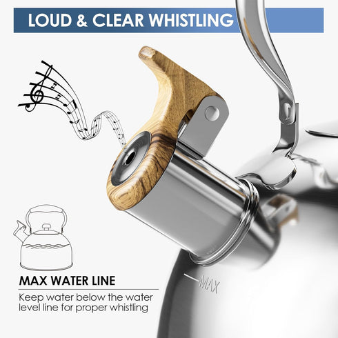 Whistling Tea Kettle Stovetop, Food Grade Stainless Steel Teapot with Wood Pattern Handle, 2.5 Liter Silver