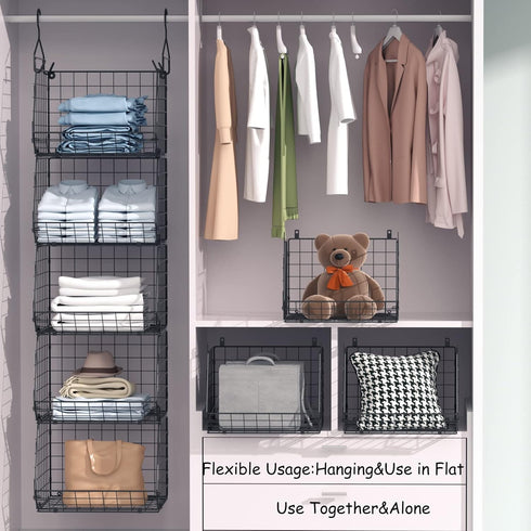 X-cosrack 4 Tier Closet Hanging Organizer, Clothes Shelves with 5 S Hooks, Wire Storage Bins for Clothing Accessories