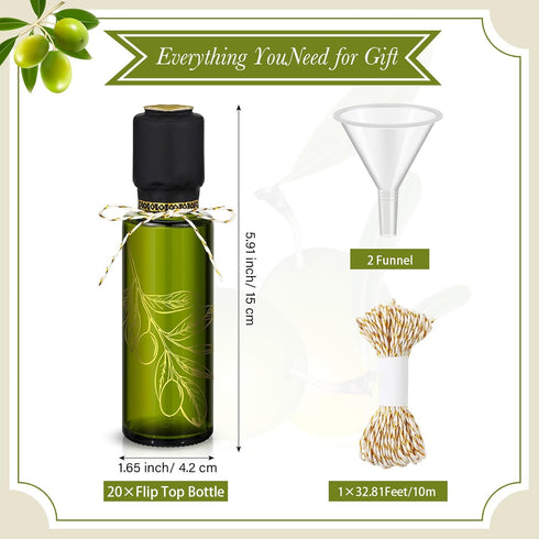 Reallnaive 4 oz Green,20 Mini Glass Olive Oil Bottles Empty Sauce Condiment Bottles with Dropper Inserts and Sticker