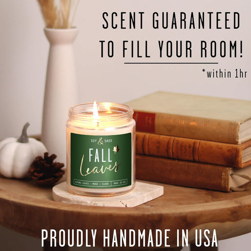 Fall Candles - 'Fall Leaves' Scented Candle with Autumn Leaves, Clove & Musk, Essential Oils, 9oz Jar, 50Hr Burn, Made