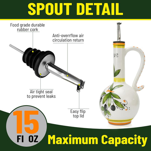 AA Brothers 15oz Hand-Painted Ceramic Olive Oil Dispenser Bottle Decorative Stoneware Cruet with Stainless Steel Spout