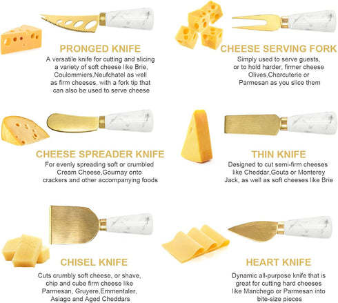 Charcuterie Board Accessories, 6 Pieces Cheese Knife Set, Marble Handle Butter Knives for Charcuterie Board Accessories