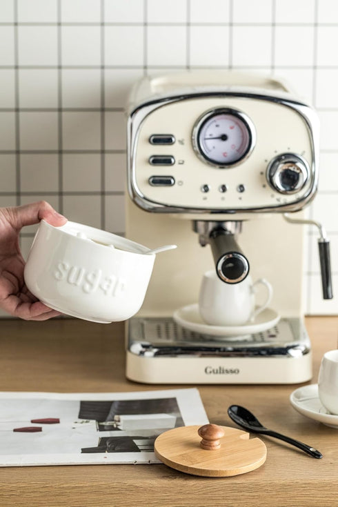 LYEOBOH Sugar Bowl with Lid and Spoon, 17 OZ Ceramic Sugar Jar for Coffee Bar, White Sugar Container for Kitchen