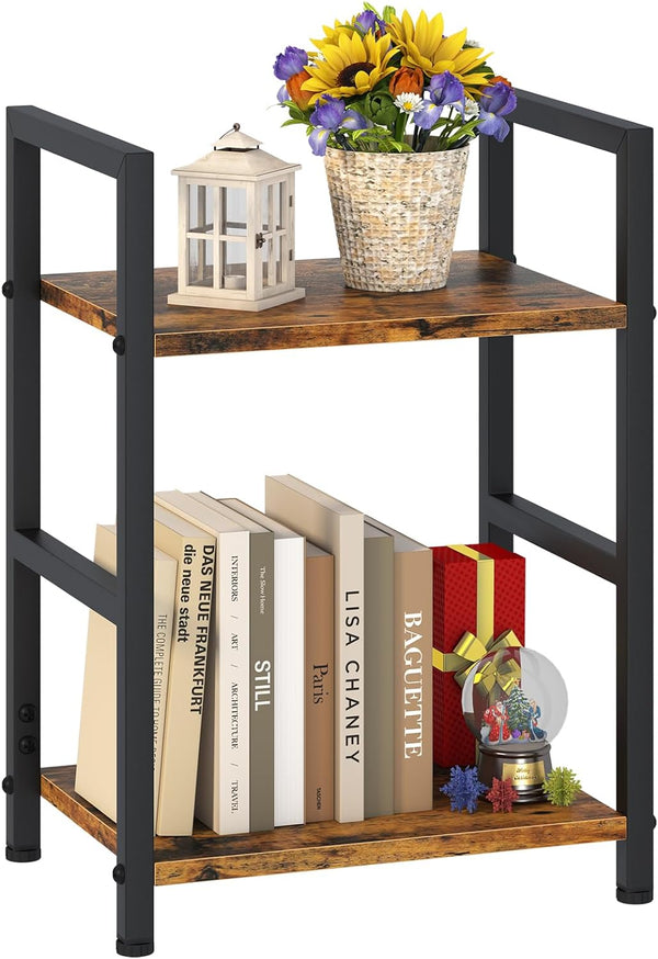 Katrawu Small Bookshelf for Small Space, 2 Tier Industrial Bookcase,Narrow Book Case Storage