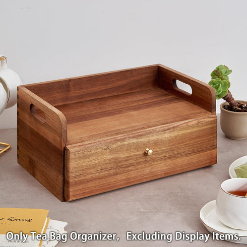 TREELF 8 Countertop Acacia Wood Tea Bag Organizer with Drawer - Tea Station Chest and Storage Box, Coffee and Teabag