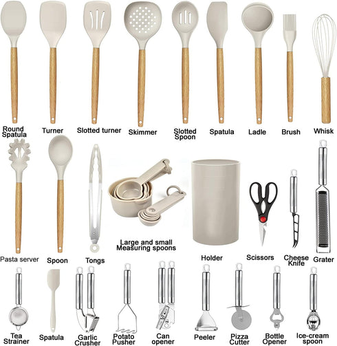 Kitchen Utensils Set, 35 PCs Cooking Utensils with Grater, Tongs, Spoon Spatula & Turner, Silicone & Wooden Handles