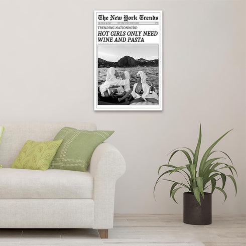 FBKDVC 24x36in Vintage Trendy Black And White Newspaper Print Poster Retro Times Canvas Wall Art Funky Hot Girls Eating