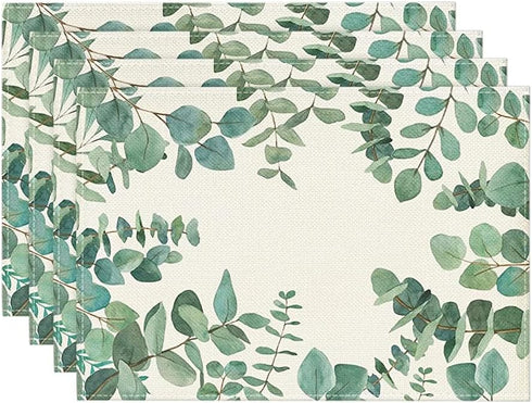 Artoid Mode Eucalyptus Leaves Summer Placemats for Dining Table, 12 x 18 Inch Set of 4 Green Rustic Vintage Washable