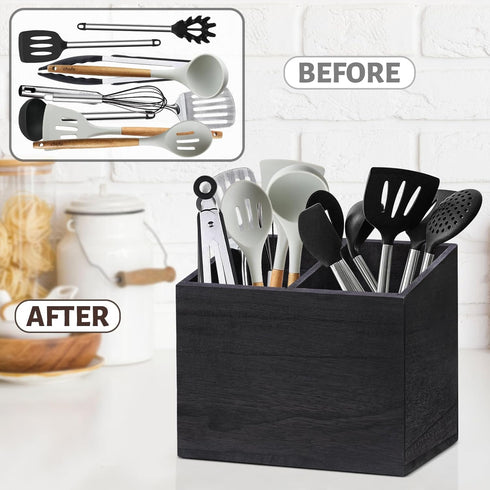 Wooden Kitchen Utensil Caddy - 2 Compartments Rustic Holder for Kitchen Countertop, Black