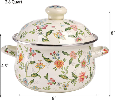 Jucoan 2.8 Quart Vintage Enamel Stockpot with Lid, Green Floral Cooking Pot for Stovetop