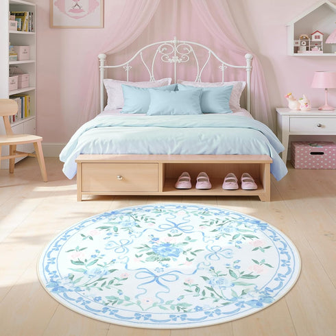 4ft Collive Blue Bow Round Rugs for Girls, Floral Washable Circle Rug for Bedroom, Cute Ultra-Thin Non Slip Indoor