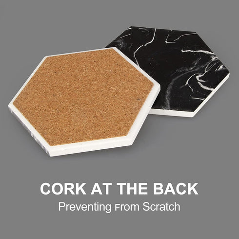 Cool Black Marble Coaster Set with Holder, Hexagon Absorbent Coasters, Modern Ceramic 6 Pack for Beverage Decor