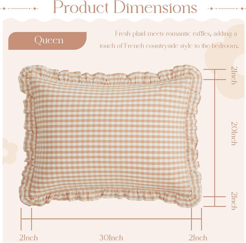 2 20x30 Inch, KKJIAF Pcs Plaid Ruffle Pillow Case Queen Size, Cotton Gingham Ruffled Euro Sham Pillow Covers Linen Feel