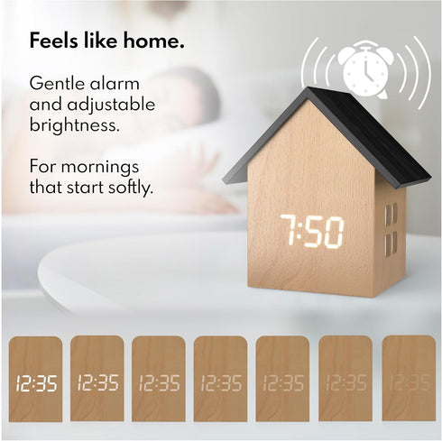 Dimmer Driini Digital House-Shaped Alarm Clock with Temperature Display (Light Wood) Modern Aesthetic - Cute Cube Frame