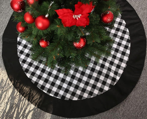 Black and White Buffalo Plaid Check Christmas Tree Skirt - 48 inches Double Layers Holiday Ornaments