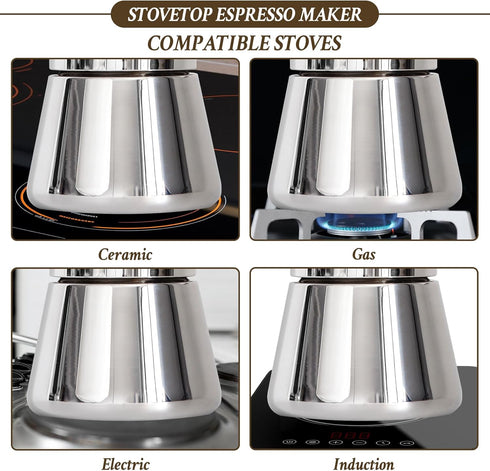 6Cup 10 oz LAOION Stovetop Espresso Maker, Moka Pot, Stainless Steel Cuban and Italian Coffee Maker for Cafetera