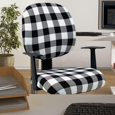 Black White Plaid Office Chair Slipcovers, Christmas Stretch Protector, Spandex Washable Chair Cover, Decorative Fabric