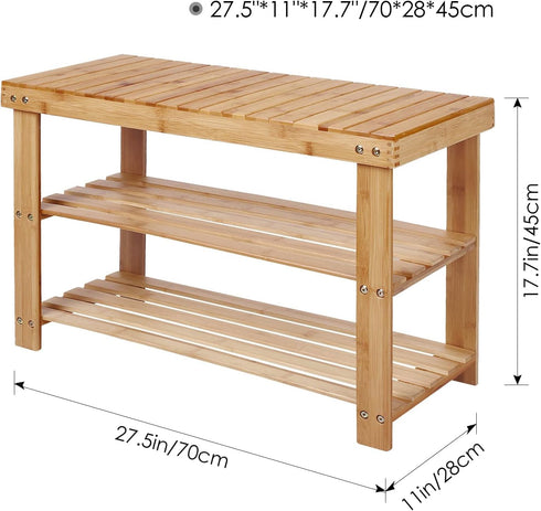 PUPL 3 11.2inchD 27.5inchW 17.9inchH Tier Bamboo Shoe Bench, Entryway Bench Shoe Rack Organizer for Bedroom Living Room