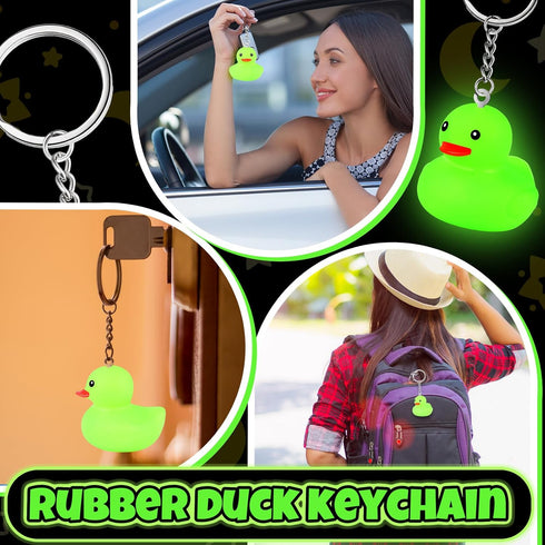 Deekin 24 Pcs Glow in The Dark Green Rubber Duck Keychain, Bulk Halloween Birthday Party Favor, Light Up Keyrings