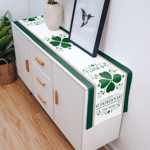 Linen Burlap Table Runner 13"x120", St. Patrick's Day Irish Lucky Shamrock Leaves Dresser Scarve, Non-Slip Farmhouse
