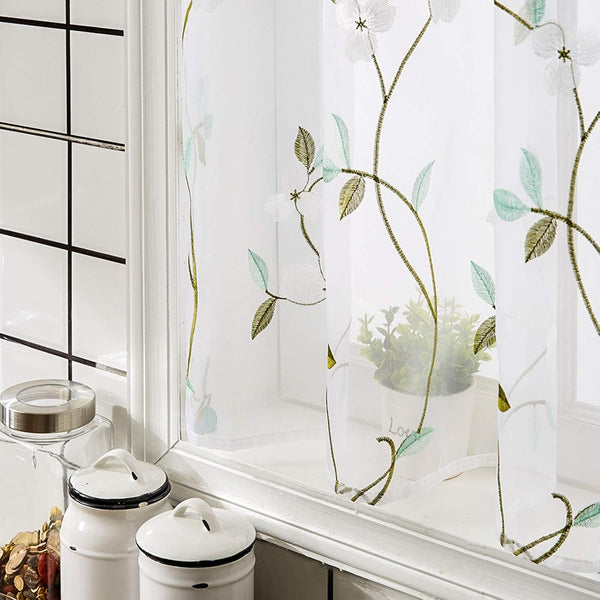 MRTREES Voile Sheer Tier Curtains, Floral Embroidered Kitchen Tiers Rod Pocket, White (2 Panels, 30x36 Inches)