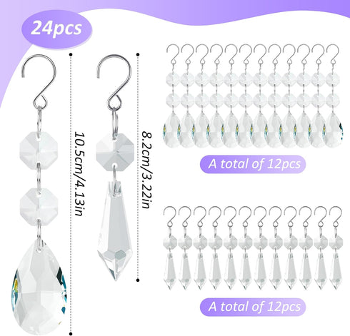 24pcs 38mm+15mm Crystal Sun Catcher, Hanging Clear Teardrops Crystals Chandelier Parts Prisms Pendants with Hook