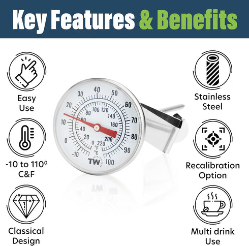 Premium Milk Thermometer with Clip and 7 Inch Probe for Steaming Milk