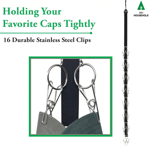 IKI Hat Organizer for Baseball Caps - 2 Pack Holder with 16 Premium Clips, Easy Storage Racks and Wall Mount, Black
