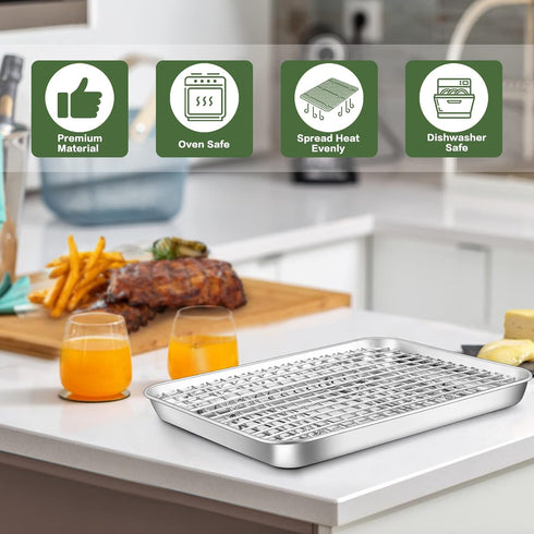 Joyfair 10.4 Inch Baking Pan with Rack Set, Stainless Steel Rectangular Toaster Oven Cookie Pan with Cooling Rack