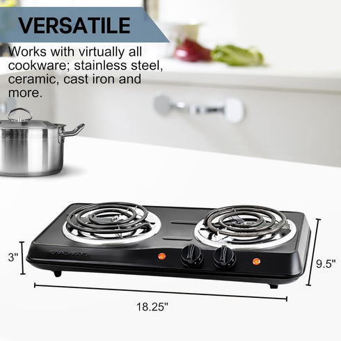 OVENTE Electric Countertop Double Burner, 1700W Cooktop with Stainless Steel Coil Hot Plates, Black
