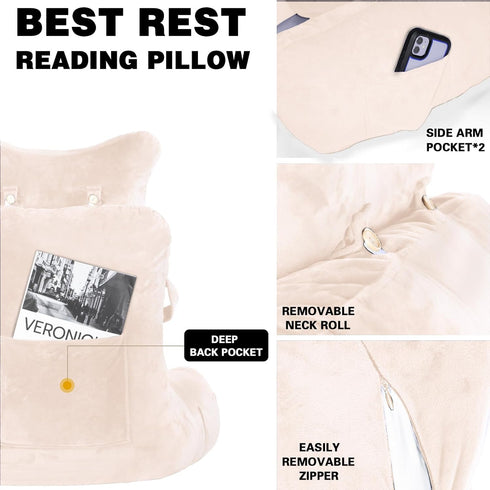 31" Reading Pillow-Extra Large Bed Rest Pillow with Detachable Neck Roll & Arms for Sitting in Bed or Couch-Backrest